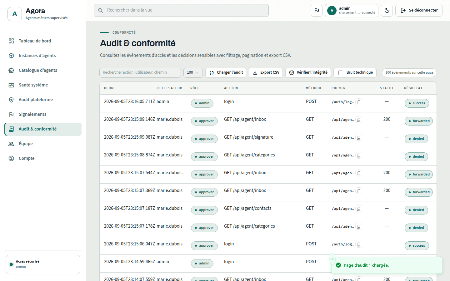 Agora audit log listing recorded platform actions and their outcomes.