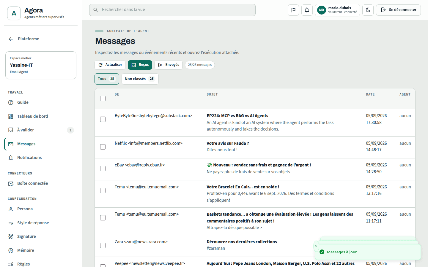 Agora inbox showing incoming messages, senders and an agent workflow column.