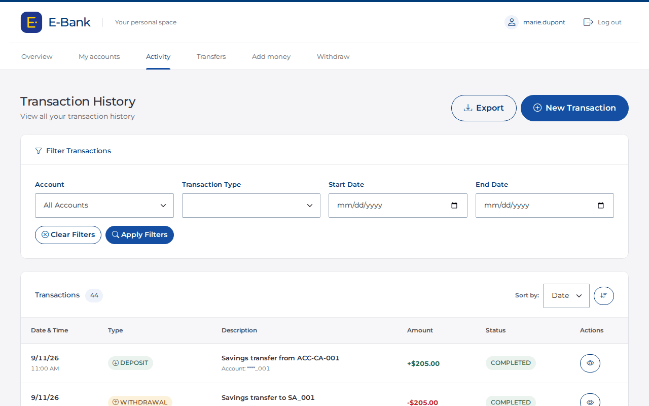 E-Bank customer transaction history with account and date filters, deposits and withdrawals from seeded demo data.