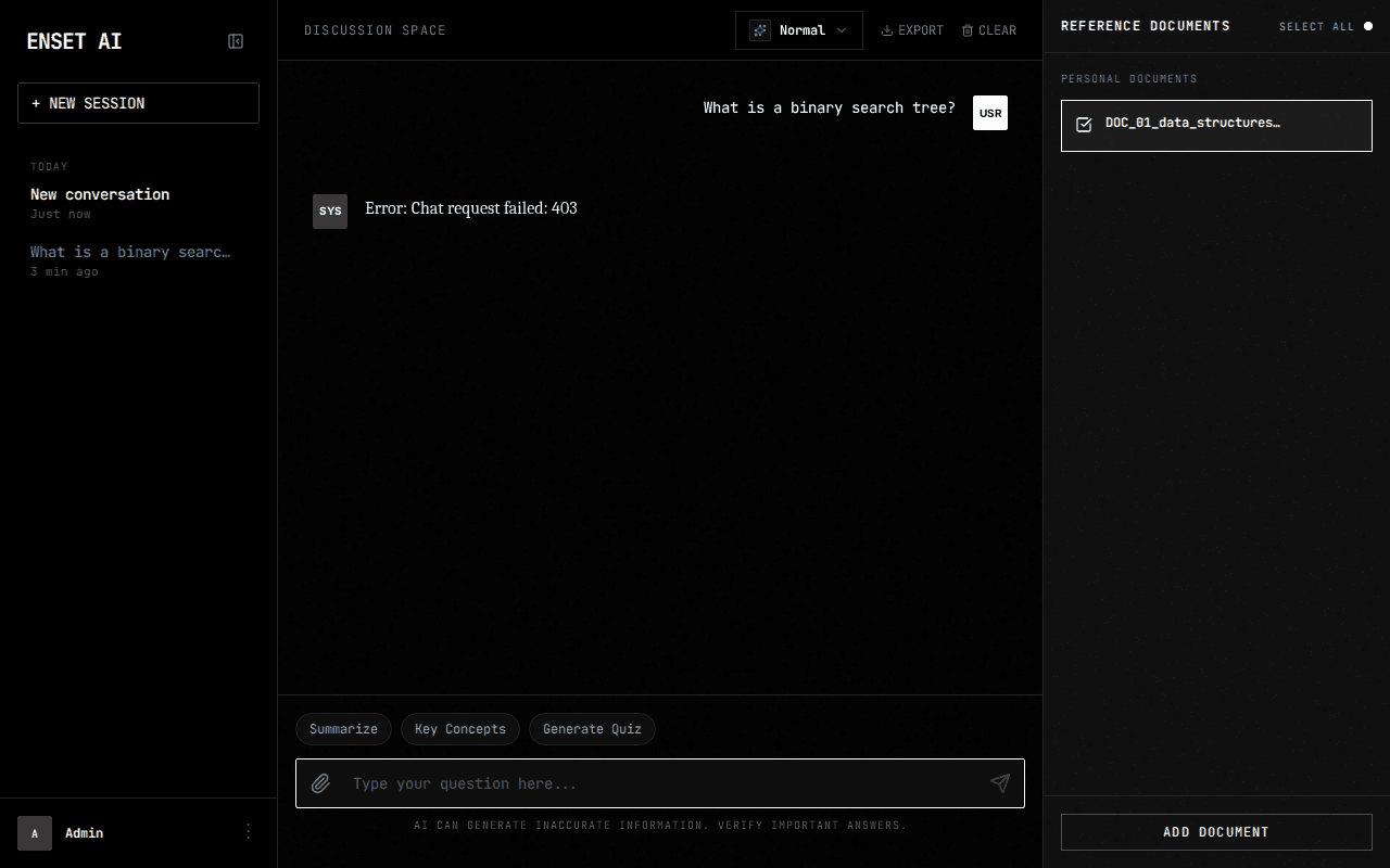 ENSET AI conversation view displaying an answer and document citation controls.
