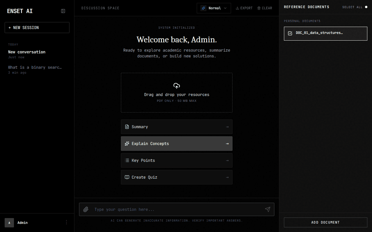 ENSET AI initial authenticated workspace with PDF upload, conversation input and reference-document controls.