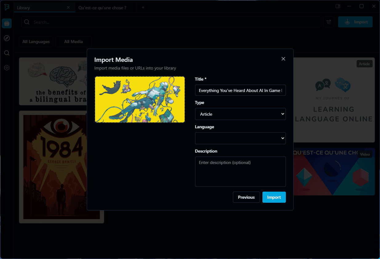 Faseeh import dialog for adding learning material to the application library.