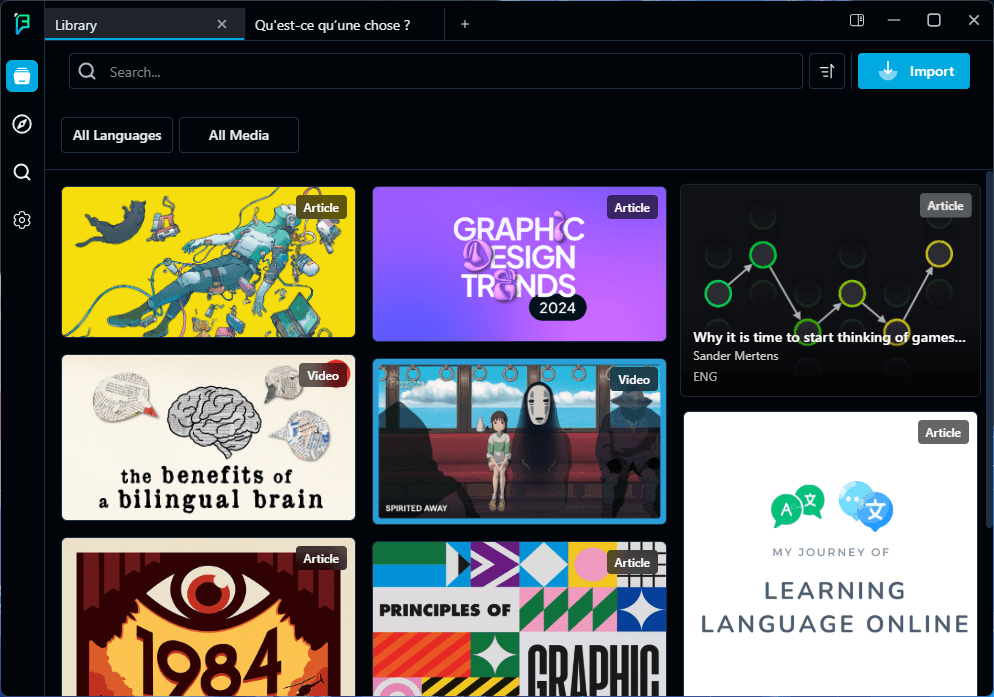 Faseeh media library with imported language-learning content and navigation controls.