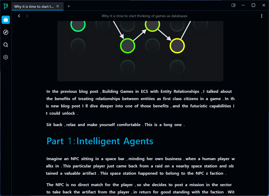 Faseeh text reader displaying an article with the application's reading navigation.
